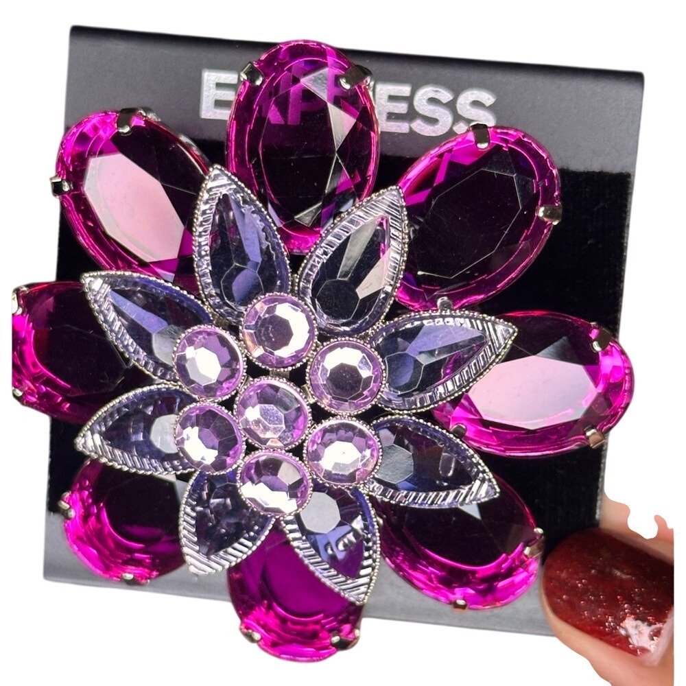 Express Flower Brooch Pin Rhinestone Crystal Magenta Purple Statement NWT
